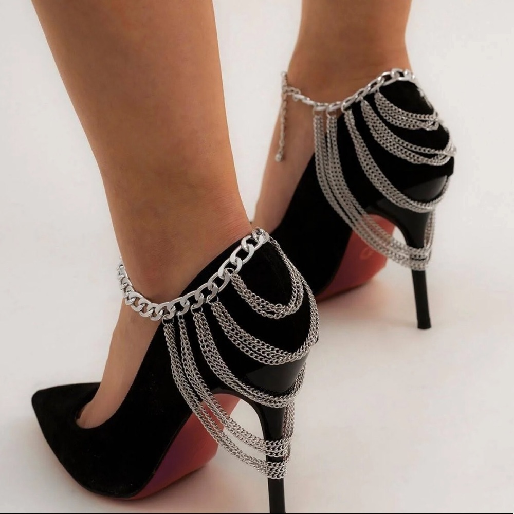 ✨3/$38 New 1 Piece Silver Layered Chain Anklet | High Heel Wedge Shoe Accessory - Picture 1 of 16